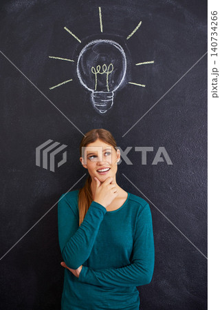Thinking, creative and woman with light bulb on chalkboard for inspiration, brainstorming and problem solving. Idea, question and person on background with icon for solution, thoughtful and planning Thinking, creative and woman with light bulb on chalkboard for inspiration, brainstorming and problem solving. Idea, question and person on background with icon for solution, thoughtful and planning 140734266