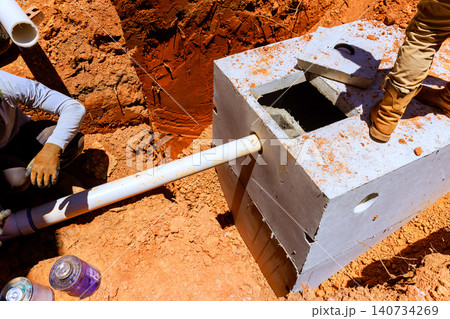 Workers are engaged in plumbing work at construction site, installing concrete septic tank connecting pipes. 140734269