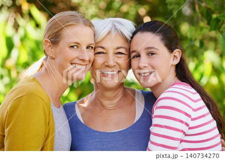 Portrait, women or girl as family, to relax, support or visit as happy, bonding or together. Grandma, mother or female child as smile, sunny or retirement in garden on morning spring day in Amsterdam Portrait, women or girl as family, to relax, support or visit as happy, bonding or together. Grandma, mother or female child as smile, sunny or retirement in garden on morning spring day in Amsterdam 140734270