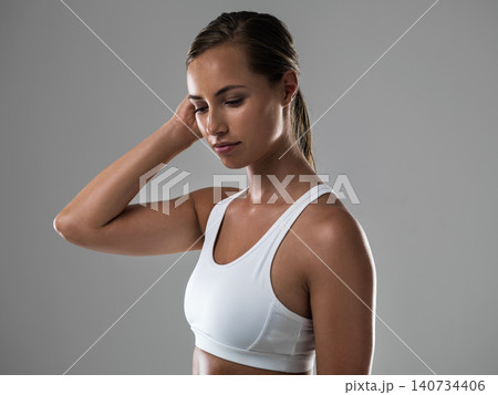 Woman, fitness and wellness with health in studio, strong body with muscle and workout on grey background. Personal trainer, athlete for sports and exercise with pride and power, active and endurance 140734406