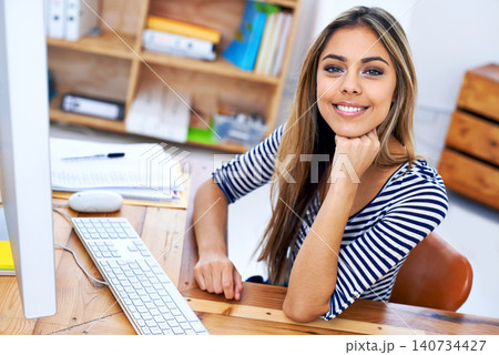 Desk, computer and portrait of woman, internship and art director in creative company with technology. Adult, girl and female person in business to work as employee, online and app with internet Desk, computer and portrait of woman, internship and art director in creative company with technology. Adult, girl and female person in business to work as employee, online and app with internet 140734427