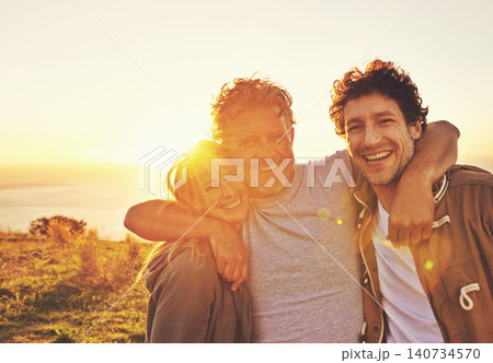 Sunset, nature and senior parent with children for adventure, hiking and walking outdoors. Family, travel and mature father with man and woman embrace on holiday, vacation and weekend together Sunset, nature and senior parent with children for adventure, hiking and walking outdoors. Family, travel and mature father with man and woman embrace on holiday, vacation and weekend together 140734570