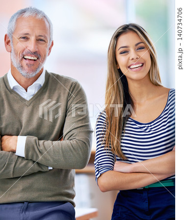 Portrait, partnership and boss with smile in office for teamwork or collaboration for creative work. Company, man and woman with confidence as art director with CEO of business and happiness Portrait, partnership and boss with smile in office for teamwork or collaboration for creative work. Company, man and woman with confidence as art director with CEO of business and happiness 140734706