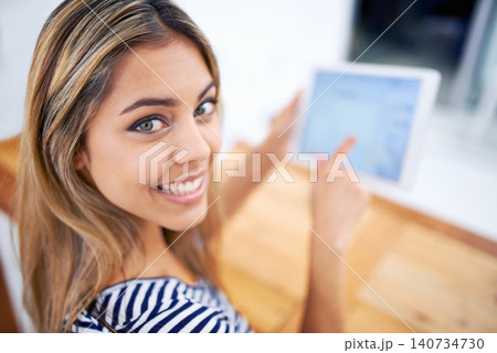 Smile, portrait and woman with tablet in office for creative research or information on internet. Happy, face and professional female designer working on project with digital technology in workplace. Smile, portrait and woman with tablet in office for creative research or information on internet. Happy, face and professional female designer working on project with digital technology in workplace. 140734730