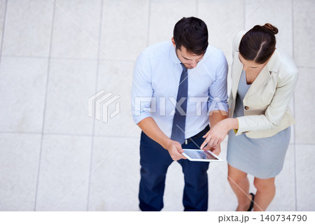 Business people, tablet and collaboration for review in office, discussion and feedback on budget. Woman, teamwork and planning on app or website, accountant and communication on investment or sales 140734790