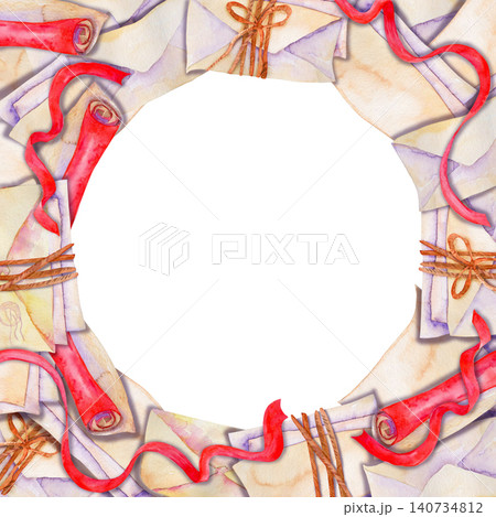 Stacks of envelopes tied in a decorative circular frame with an open center, painted in watercolor 140734812