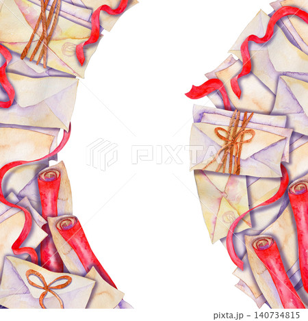 A watercolor semicircular frame featuring letter-writing accessories A watercolor semicircular frame featuring letter-writing accessories 140734815