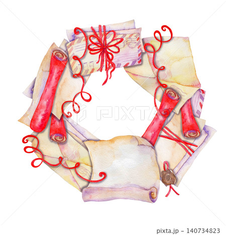 A watercolor stacks of envelopes tied with red rolls of wrapping paper, and sheets of letter paper A watercolor stacks of envelopes tied with red rolls of wrapping paper, and sheets of letter paper 140734823