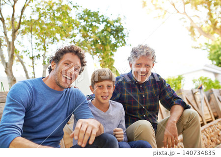 Boy, dad and grandfather in portrait in backyard with smile, support and outdoor bonding together. Men, family and face of happy child with generations in green garden for nature, weekend and plants Boy, dad and grandfather in portrait in backyard with smile, support and outdoor bonding together. Men, family and face of happy child with generations in green garden for nature, weekend and plants 140734835