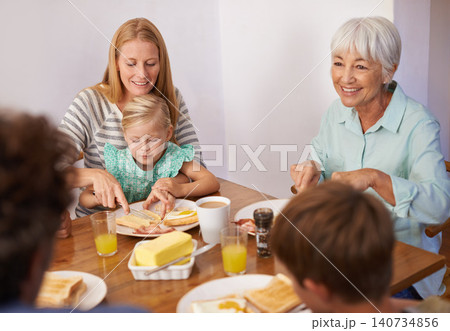 Family, children and breakfast food with grandmother for healthy nutrition meal, wellness or bonding. Women, eating and daughter at lunch table in apartment for morning connection, brunch or hungry Family, children and breakfast food with grandmother for healthy nutrition meal, wellness or bonding. Women, eating and daughter at lunch table in apartment for morning connection, brunch or hungry 140734856