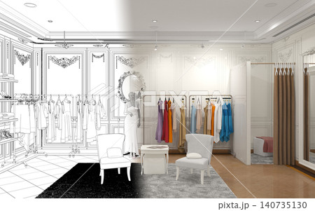 clothing store, interior visualization, 3D illustration clothing store, interior visualization, 3D illustration 140735130