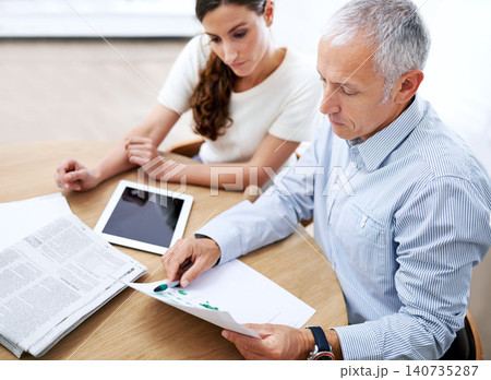 Meeting, man and woman in office with paperwork for sales review, stats growth or development. Planning, strategy and business people at desk with tablet, newspaper and data analysis on profit trends Meeting, man and woman in office with paperwork for sales review, stats growth or development. Planning, strategy and business people at desk with tablet, newspaper and data analysis on profit trends 140735287