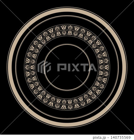 Decorative round frame with greek gold pattern in byzantine style. Vintage ethnic round frame arabesques. Pattern frame for round surface, household utensil, textile, embroidery, laser cutting EPS Decorative round frame with greek gold pattern in byzantine style. Vintage ethnic round frame arabesques. Pattern frame for round surface, household utensil, textile, embroidery, laser cutting EPS 140735569