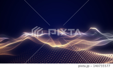 Abstract golden particle wave with glowing mesh on dark background, representing digital energy, data visualization, and futuristic technology. Abstract golden particle wave with glowing mesh on dark background, representing digital energy, data visualization, and futuristic technology. 140735577