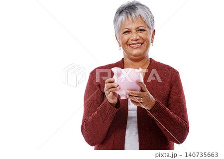 Old woman, portrait and piggy bank for financial saving or money budget as retirement investment, payment or economy. Female person, face and white background for future coins, studio or mockup space 140735663
