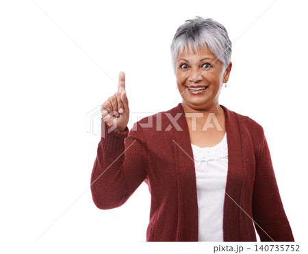 Portrait, smile and pointing up with senior woman, choice and model isolated on a white studio background. Face, pensioner and mature lady with hand gesture and options with opportunity and promotion 140735752
