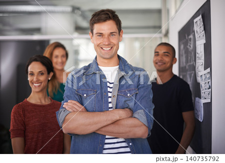 Portrait, graphic designer and business people with startup, leader and employees with creativity and cartoon. Face, group and artist with professional and entrepreneur with teamwork or collaboration 140735792