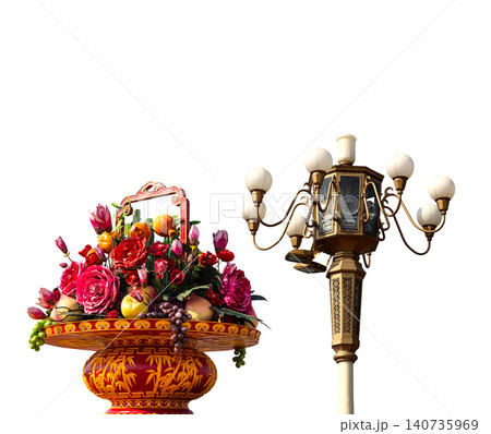 Street lamp and huge flower basket (carved, on white background) in Tiananmen square, Beijing, China 140735969
