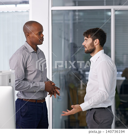 Men, discussion and conversation in hallway at office for ideas, listen or collaboration at company. Business people, teamwork and diversity with advice for questions in workplace at corporate agency Men, discussion and conversation in hallway at office for ideas, listen or collaboration at company. Business people, teamwork and diversity with advice for questions in workplace at corporate agency 140736194