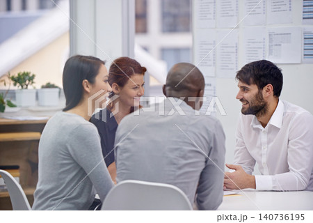 Business people, meeting and conversation with brainstorming, review and partnership for a project. PR agency, manager and consultant with smile and employees with feedback and teamwork with startup Business people, meeting and conversation with brainstorming, review and partnership for a project. PR agency, manager and consultant with smile and employees with feedback and teamwork with startup 140736195