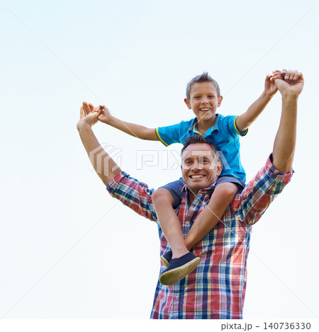 Child, back and man in outdoors for family, bond and play for fun and childhood for break and relax. Boy, father and portrait with smile and happy for recreation and cute in summer on mockup 140736330