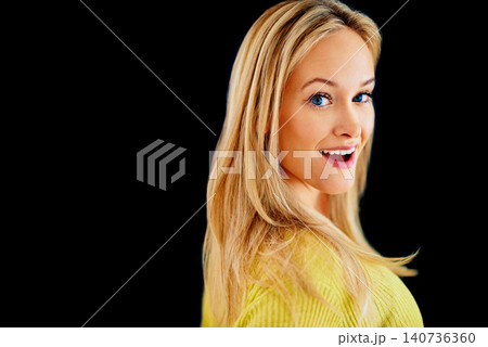 Skincare, surprise announcement or portrait of woman laughing in studio isolated on black background. Mockup, facial cosmetics or face of natural model with sale promotion, confidence and beauty glow Skincare, surprise announcement or portrait of woman laughing in studio isolated on black background. Mockup, facial cosmetics or face of natural model with sale promotion, confidence and beauty glow 140736360