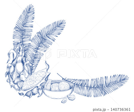 Corner composition of the pitaya, half of the pitaya, bowl with the pulp of the pitaya and palm leaves. Handmade ink illustration. For design of cards, cover, prints, product labels and fabric. Corner composition of the pitaya, half of the pitaya, bowl with the pulp of the pitaya and palm leaves. Handmade ink illustration. For design of cards, cover, prints, product labels and fabric. 140736361