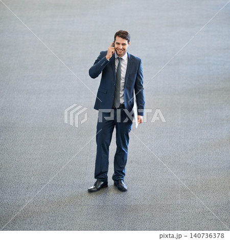 Mockup, talking or happy businessman on a phone call in office networking or speaking to chat in discussion. Space, planning or male entrepreneur in conversation, mobile communication or deal offer 140736378