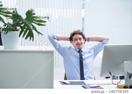Man, office and relax portrait with computer, happy and confident corporate male person sitting and workspace desk. Technology, digital search administrator or smile, browse internet on business pc Man, office and relax portrait with computer, happy and confident corporate male person sitting and workspace desk. Technology, digital search administrator or smile, browse internet on business pc 140736395