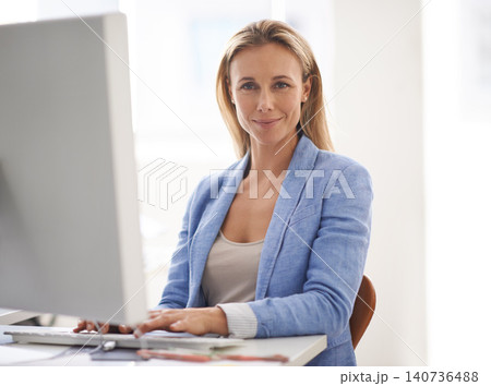 Office, portrait and woman at computer with smile, confidence and typing business email at startup. Happy businesswoman, consultant or advisor at desk with pride, administration and online research Office, portrait and woman at computer with smile, confidence and typing business email at startup. Happy businesswoman, consultant or advisor at desk with pride, administration and online research 140736488