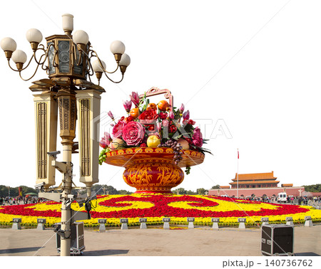 Street lamp and huge flower basket (carved, on white background) in Tiananmen square, Beijing, China 140736762