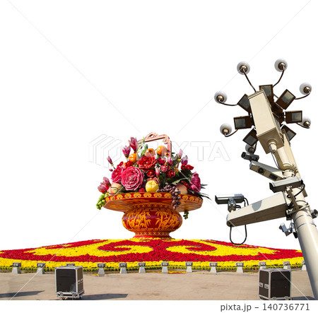 Street lamp and huge flower basket (carved, on white background) in Tiananmen square, Beijing, China 140736771