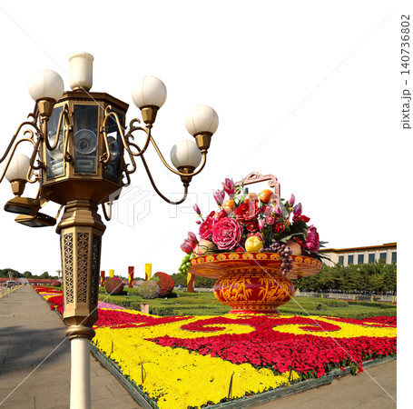Street lamp and huge flower basket (carved, on white background) in Tiananmen square, Beijing, China 140736802