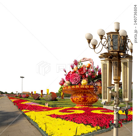 Street lamp and huge flower basket (carved, on white background) in Tiananmen square, Beijing, China Street lamp and huge flower basket (carved, on white background) in Tiananmen square, Beijing, China 140736804