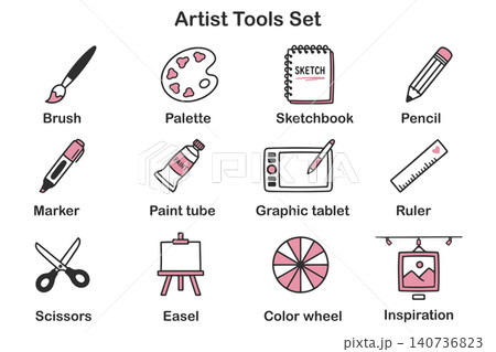 Hand-drawn artist tools icon set in black and pink. Includes brushes, sketching and painting elements. Suitable for social media, blogs, art projects, prints, and creative designs. 140736823