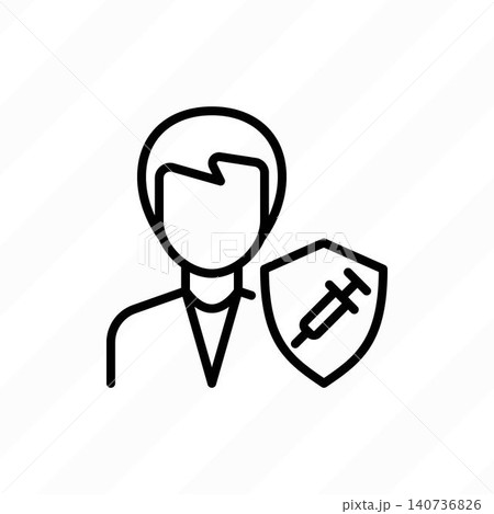 Vaccination, virus protection: man is protected by shield with vaccine. Immune system. Thin line icon. Vector illustration. Vaccination, virus protection: man is protected by shield with vaccine. Immune system. Thin line icon. Vector illustration. 140736826