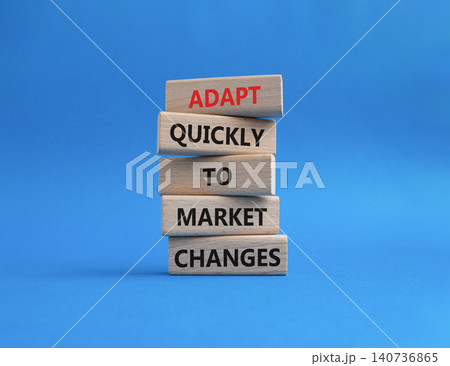 Market Changes symbol. Wooden blocks with words Manage and Adapt quickly to market changes . Beautiful blue background. Businessman hand. Business and Market Changes concept. Copy space 140736865