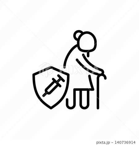 Vaccination, virus protection: elderly woman with walking cane is protected by shield with vaccine. Immune system, antibiotics. Thin line icon. Vector illustration. Vaccination, virus protection: elderly woman with walking cane is protected by shield with vaccine. Immune system, antibiotics. Thin line icon. Vector illustration. 140736914