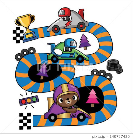 Cute kids cartoon race track illustration featuring colorful go-karts and a funny teddy bear driver. Cute kids cartoon race track illustration featuring colorful go-karts and a funny teddy bear driver. 140737420