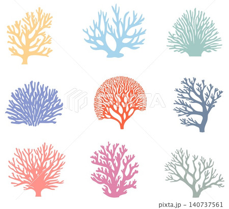 Set of hand drawn corals of different shapes and colors. Underwater flora, sea plants. Vector botanical illustration. Set of hand drawn corals of different shapes and colors. Underwater flora, sea plants. Vector botanical illustration. 140737561