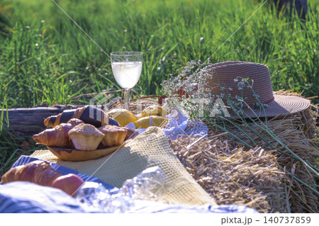 Picnic breakfast with pastries and wine glass in a sunny meadow 140737859