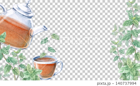 A teapot with a cup and mint sprigs in a rectangular frame. Isolated watercolor illustration for drink menu designs, herbal tea packaging, cards, product labels, prints, and blog posts. A teapot with a cup and mint sprigs in a rectangular frame. Isolated watercolor illustration for drink menu designs, herbal tea packaging, cards, product labels, prints, and blog posts. 140737994