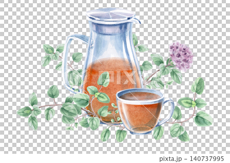A pitcher and cup of aromatic tea with oregano branches. Isolated watercolor illustration for drink menu designs, herbal tea packaging, cards, product labels, prints, and blog posts. 140737995