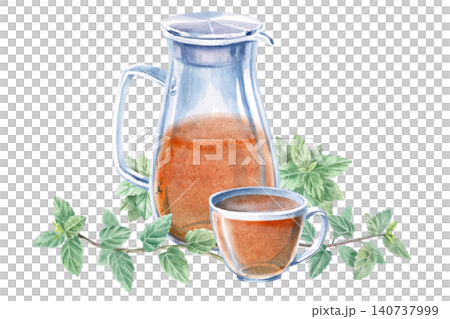 A pitcher and cup of aromatic tea with mint sprigs. Isolated watercolor illustration for drink menu designs, herbal tea packaging, cards, product labels, prints, and blog posts. 140737999