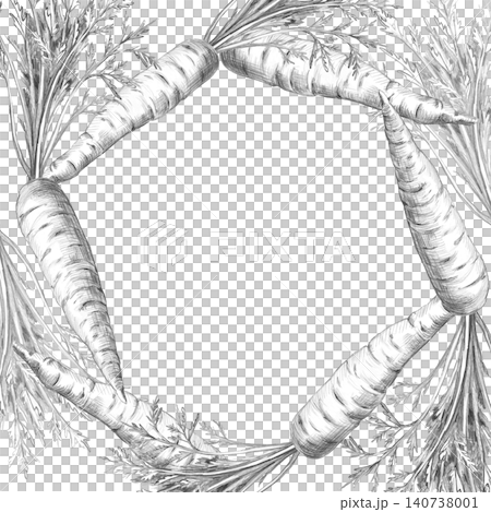 A square frame with detailed carrots. Isolated pencil illustration for restaurant menus, product labels, cookbooks, healthy lifestyle articles, and healthy eating articles. A square frame with detailed carrots. Isolated pencil illustration for restaurant menus, product labels, cookbooks, healthy lifestyle articles, and healthy eating articles. 140738001