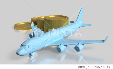 Blue Passenger Airplane With Gold Coins Travel Finance Concept 3d render. Blue Passenger Airplane With Gold Coins Travel Finance Concept 3d render. 140738035