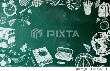 Writing on a green school board . Back to school Text frame. Hand drawn. Not AI, vector illustration. 140738091