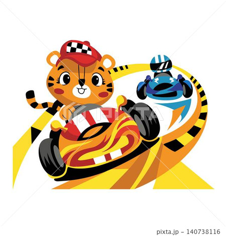 Cute cartoon tiger character driving a red race car on a winding yellow track with a blue competitor. 140738116