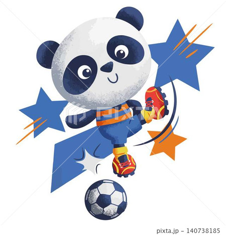 Cute cartoon panda playing soccer and kicking the football surrounded by colorful stars decoration. 140738185