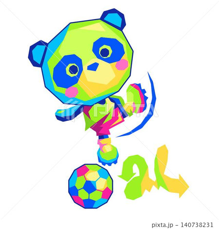 Vibrant geometric pop art illustration of a cute panda bear playing soccer with a colorful toy ball. Vibrant geometric pop art illustration of a cute panda bear playing soccer with a colorful toy ball. 140738231